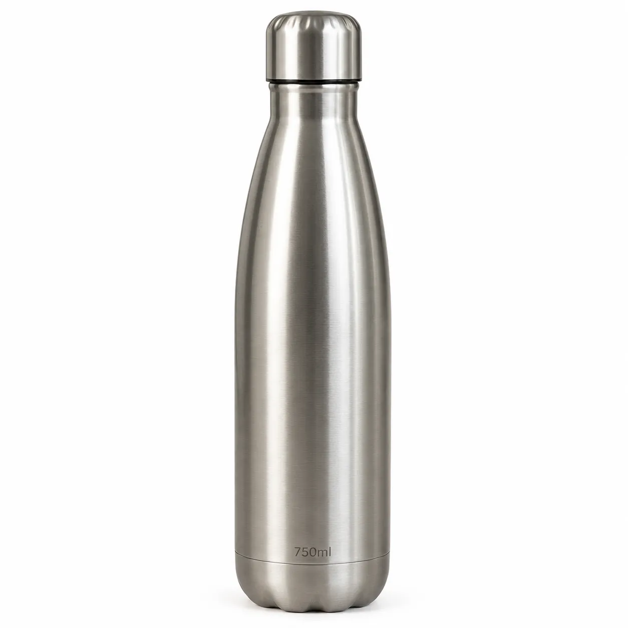 Stainless steel water bottle on a pure white background, formatted as an Amazon main image