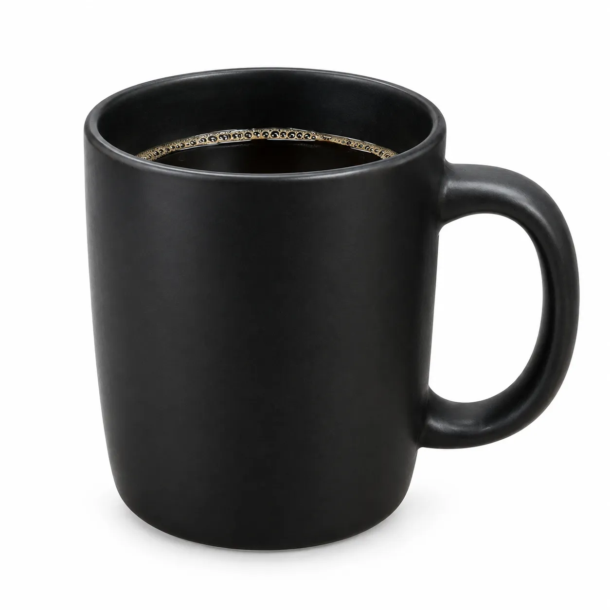 Black ceramic coffee mug on a pure white background, formatted as an Amazon main image