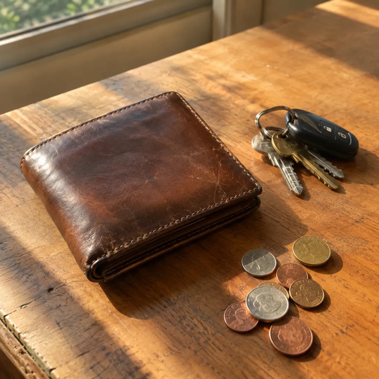 Original snapshot of the wallet on a wooden table with keys and coins