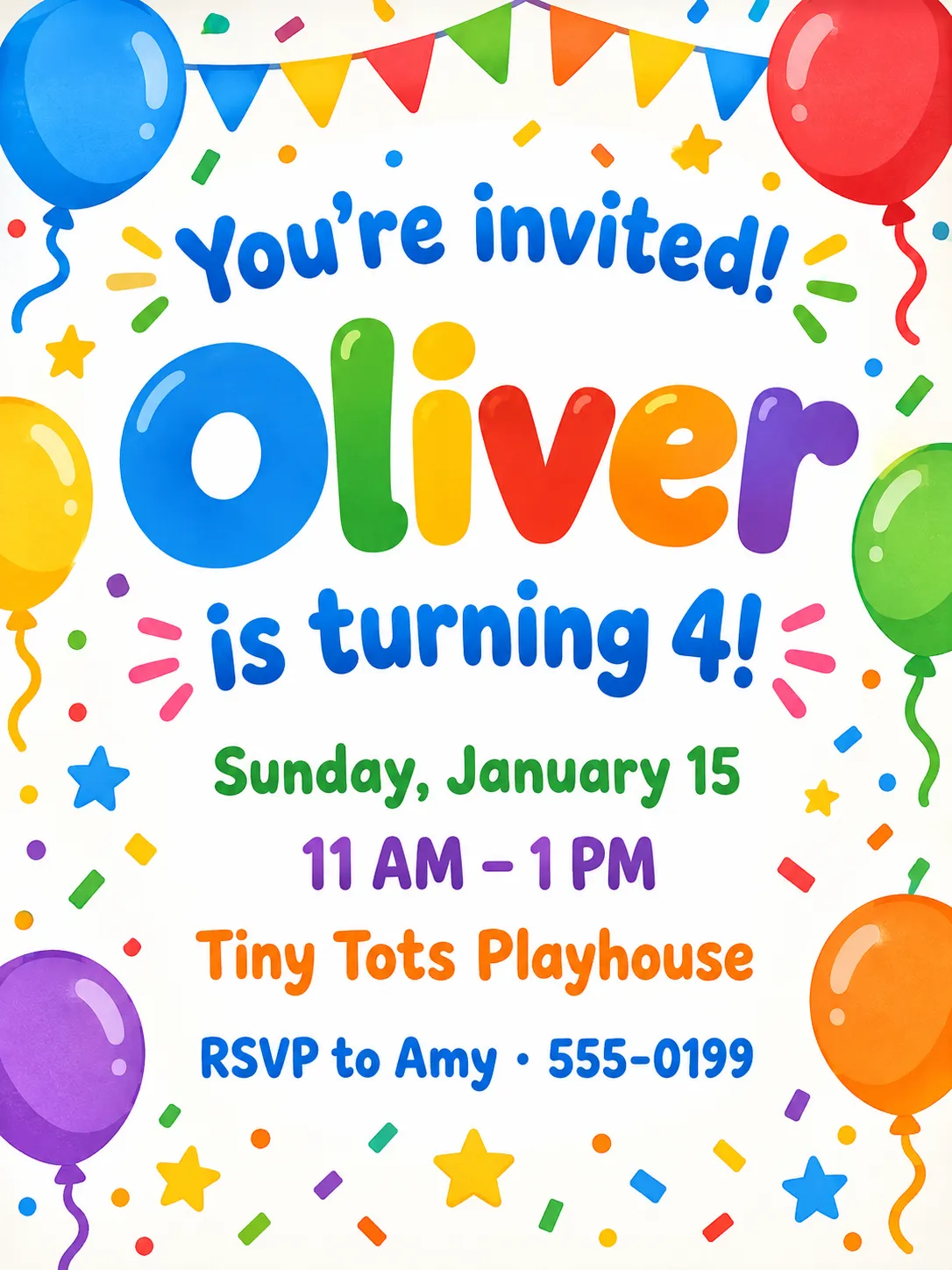 Colorful balloons-and-confetti birthday invitation for Oliver's 4th birthday at Tiny Tots Playhouse, with party balloons