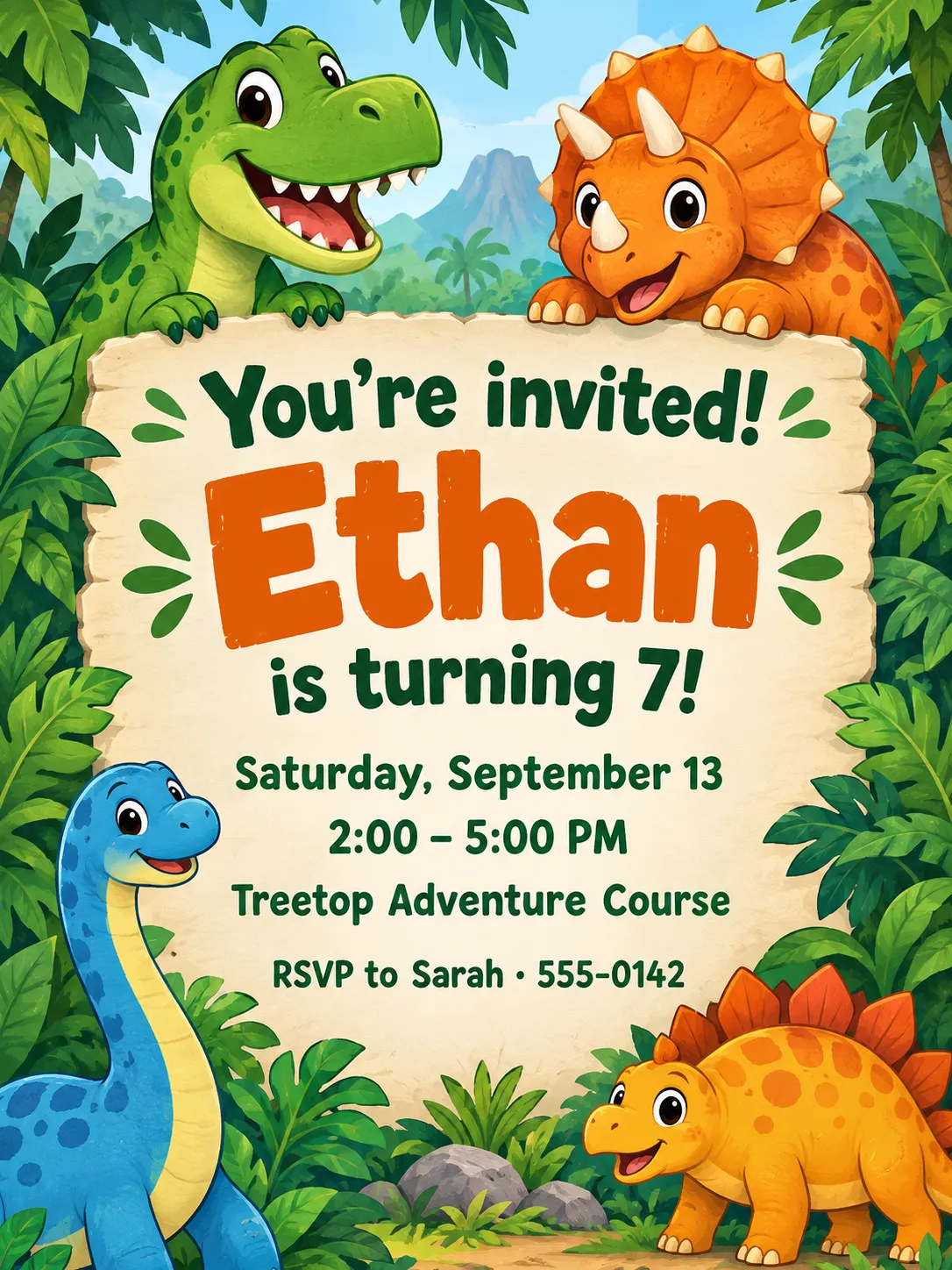 Dinosaur-themed birthday invitation for Ethan's 7th birthday at Treetop Adventure Course, with colorful dinosaurs