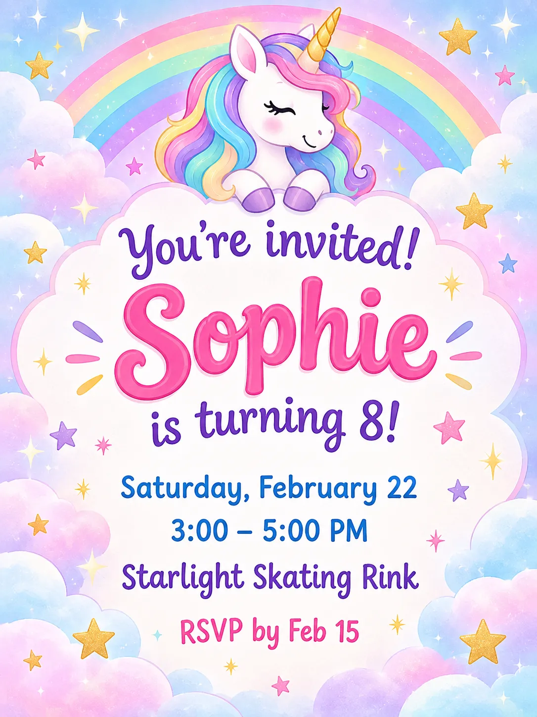 Pastel unicorn and rainbow birthday invitation for Sophie's 8th birthday at Starlight Skating Rink, with a unicorn and rainbow