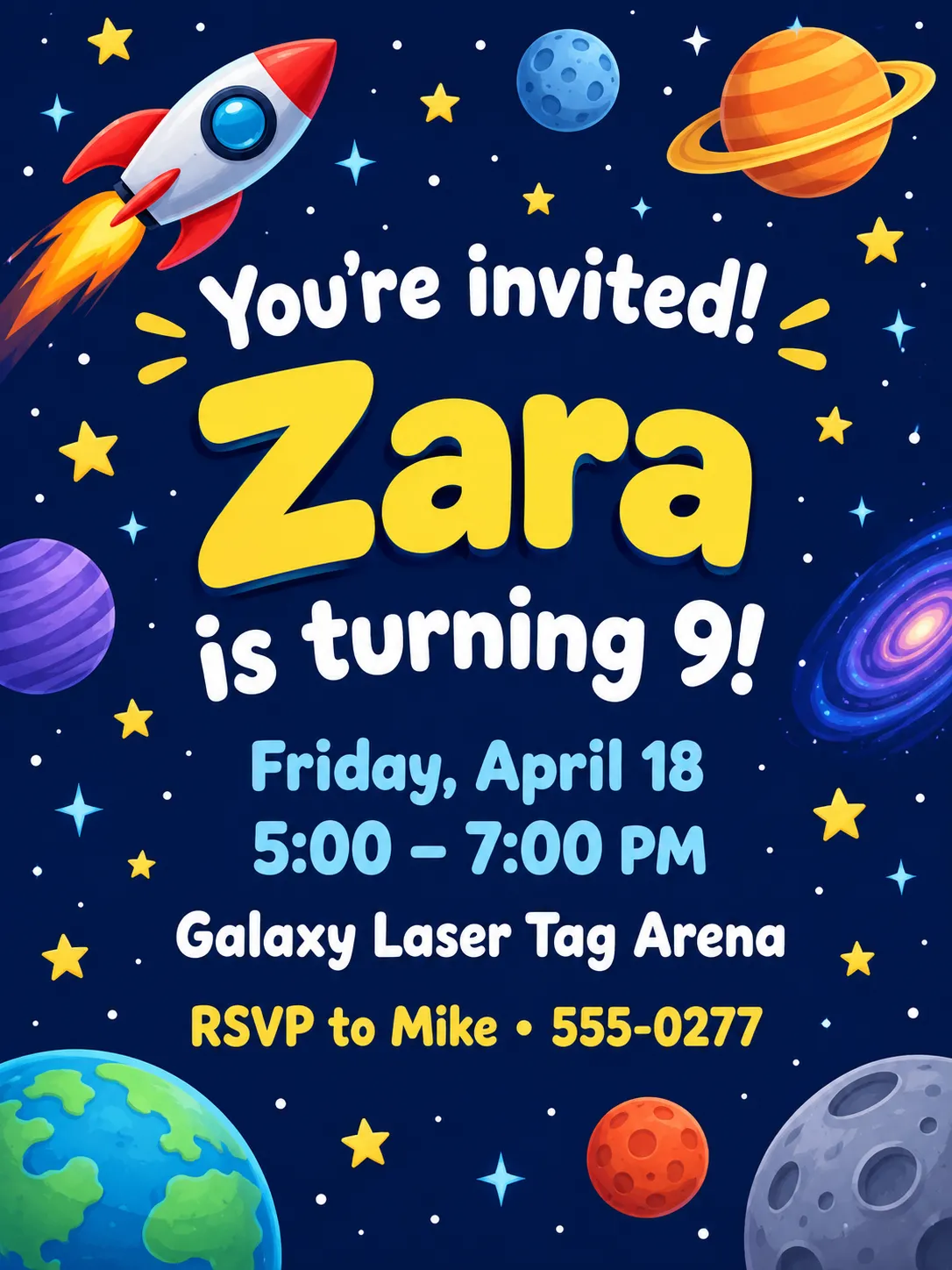 Outer-space birthday invitation for Zara's 9th birthday at Galaxy Laser Tag Arena, with planets and rockets