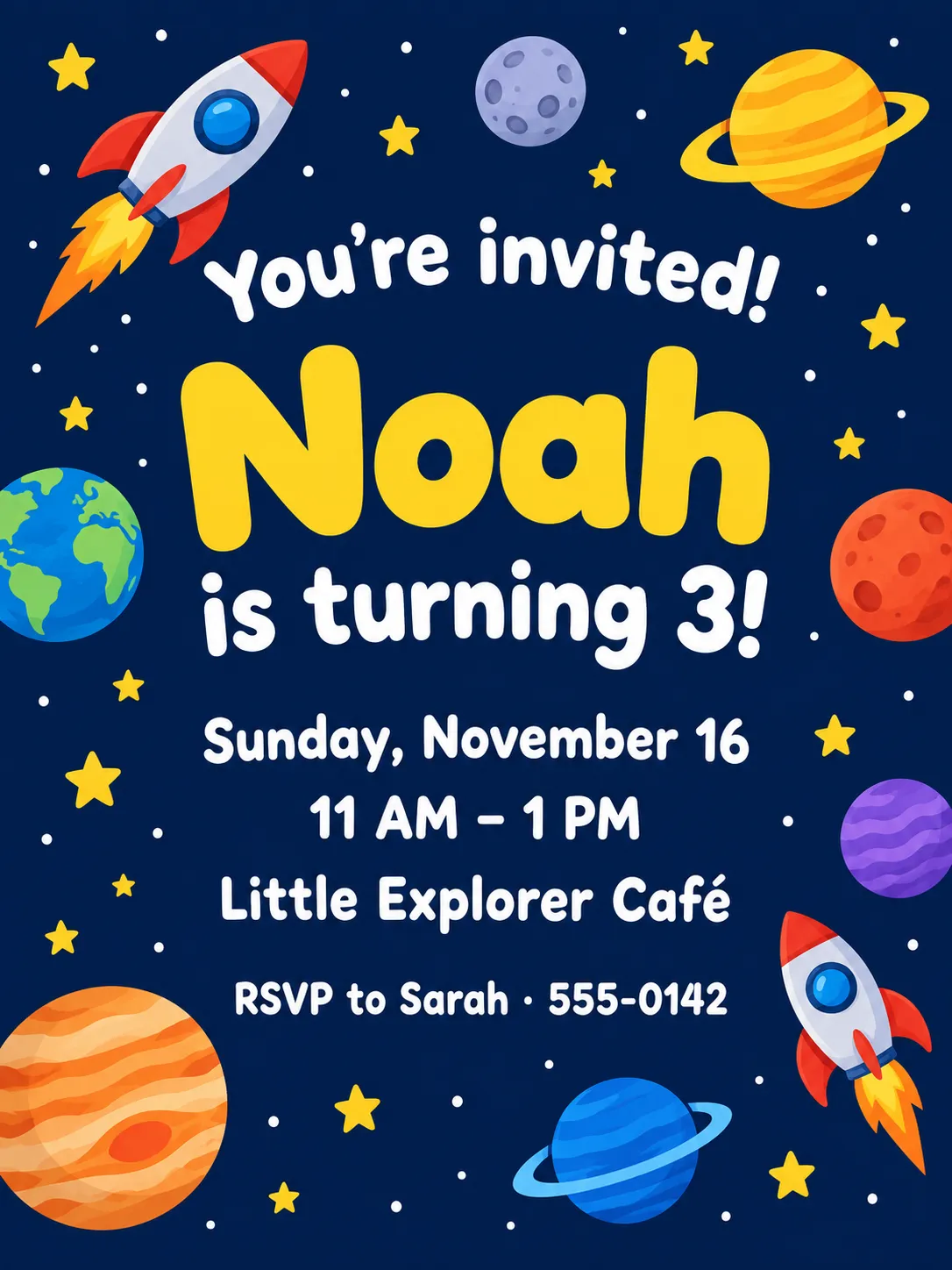 Outer-space birthday invitation for Noah's 3rd birthday at Little Explorer Café, with planets and rockets