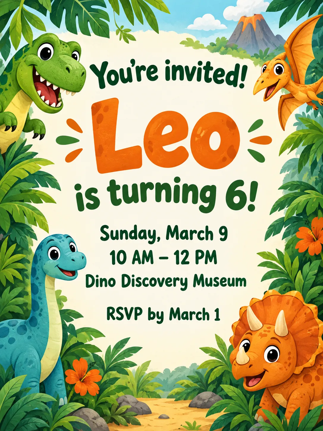 Dinosaur-themed birthday invitation for Leo's 6th birthday at Dino Discovery Museum, with friendly dinosaurs