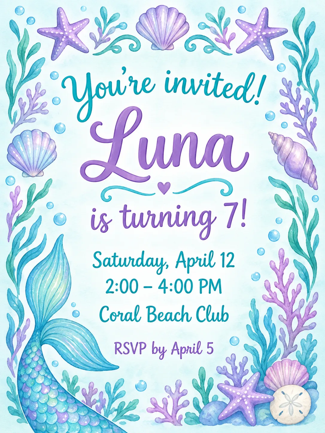 Under-the-sea birthday invitation for Luna's 7th birthday at Coral Beach Club, with shells and coral