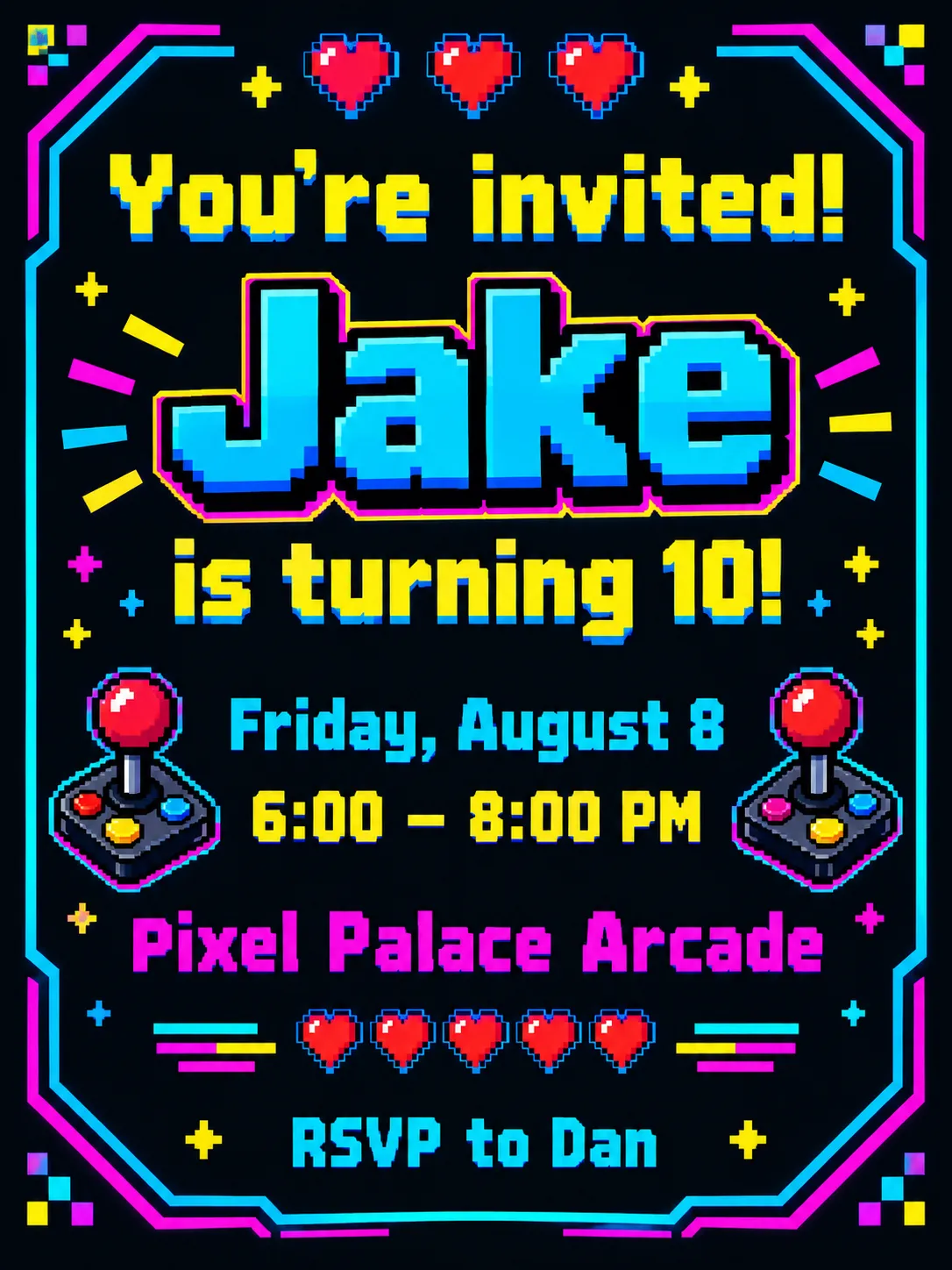 Neon retro arcade birthday invitation for Jake's 10th birthday at Pixel Palace Arcade