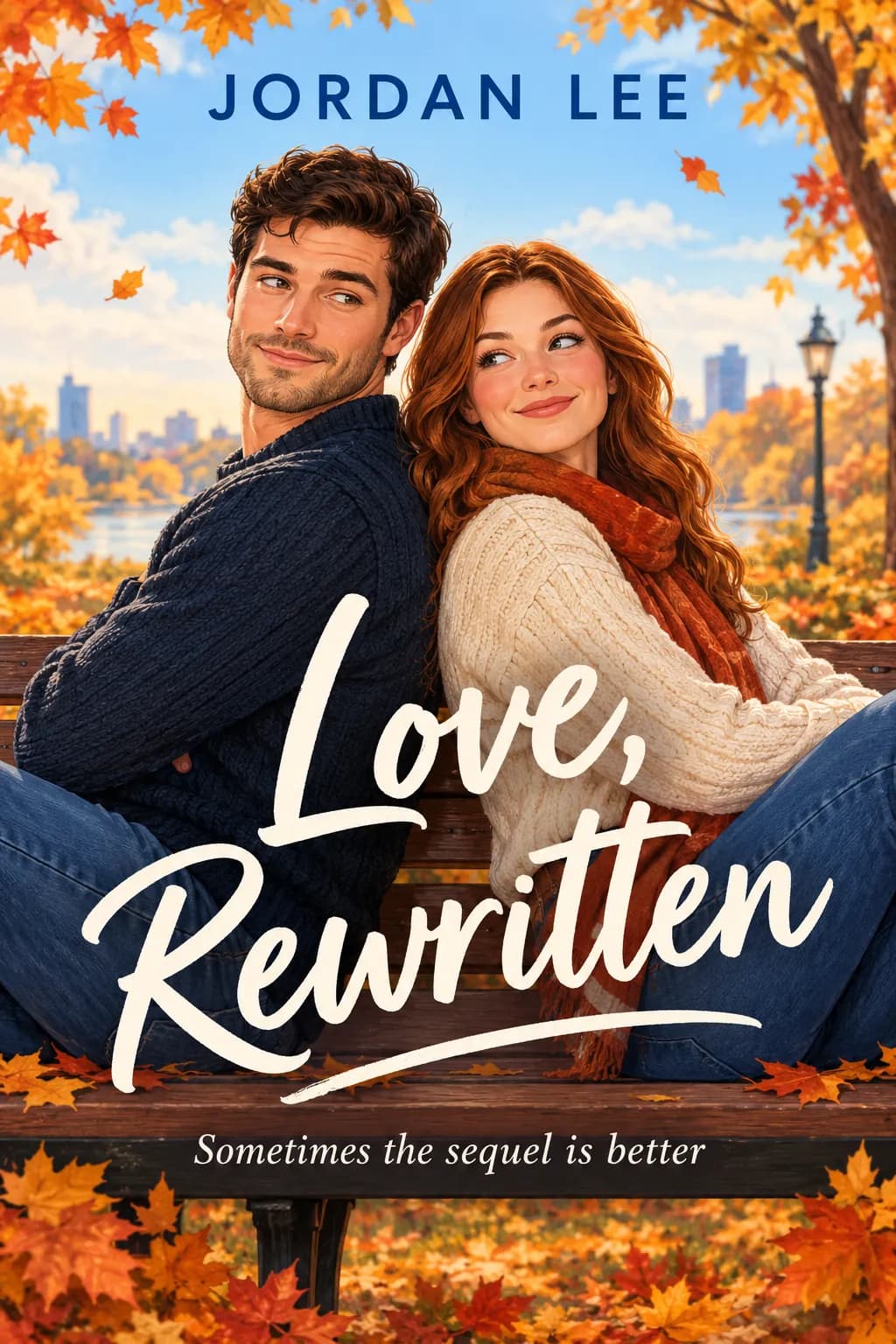 Romance book cover for Love, Rewritten by Jordan Lee, a smiling couple among autumn leaves in a city park