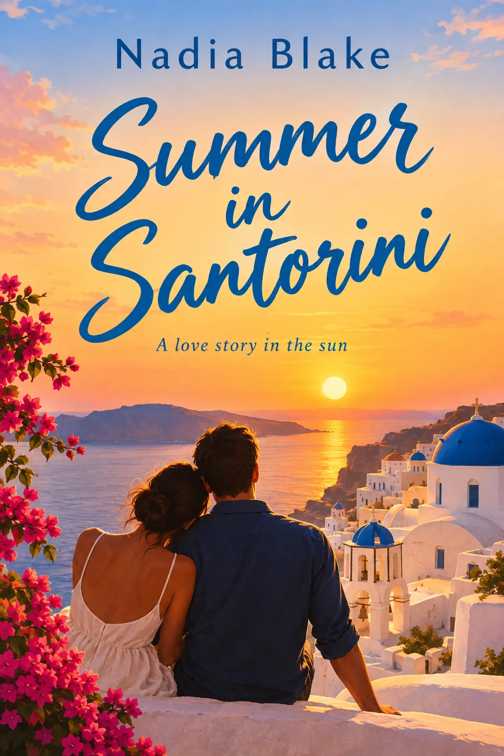 Romance book cover for Summer in Santorini by Nadia Blake, a couple embracing in front of white-washed buildings at sunset