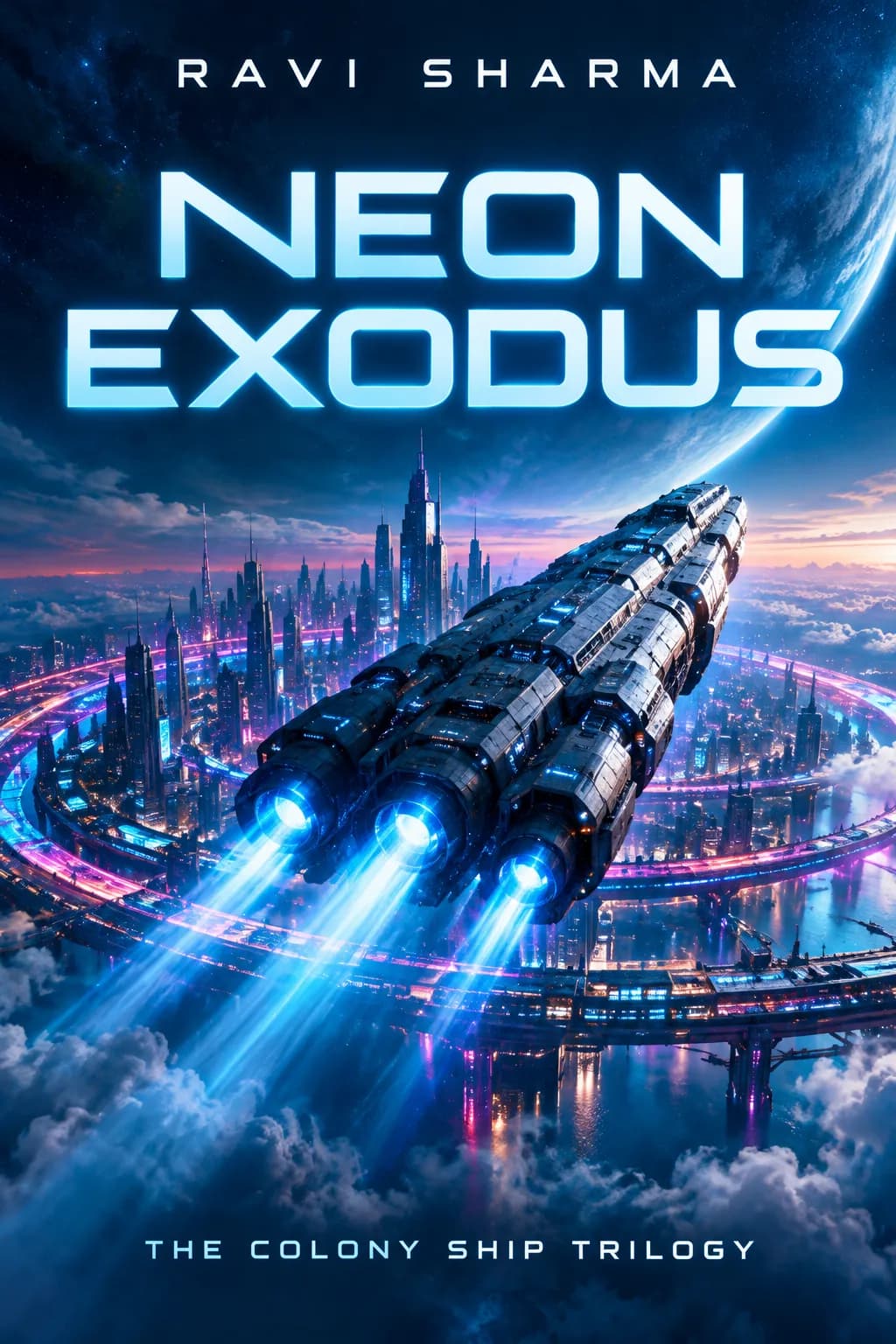 Science fiction book cover for Neon Exodus by Ravi Sharma, a colony ship leaving a neon-lit megacity