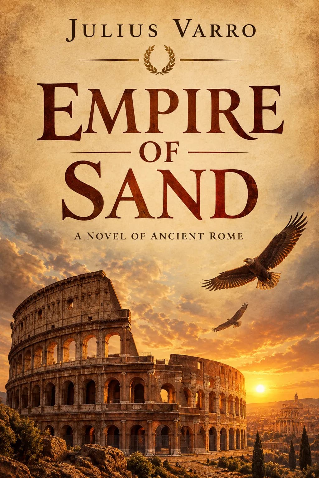 Historical fiction book cover for Empire of Sand by Julius Varro, the Colosseum at sunset with an eagle overhead