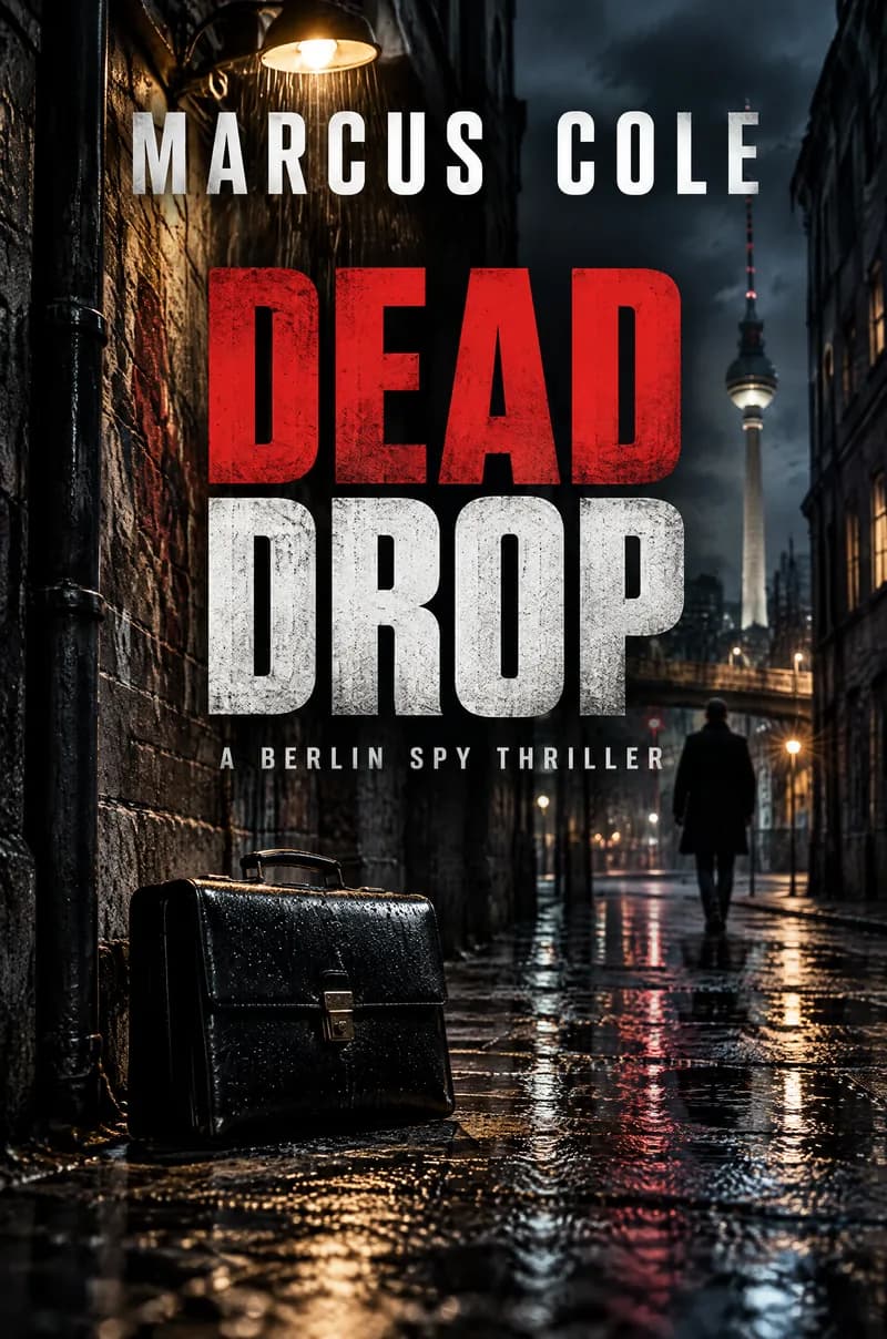 Thriller book cover for Dead Drop by Marcus Cole, a briefcase in a rain-slicked Berlin alley at night