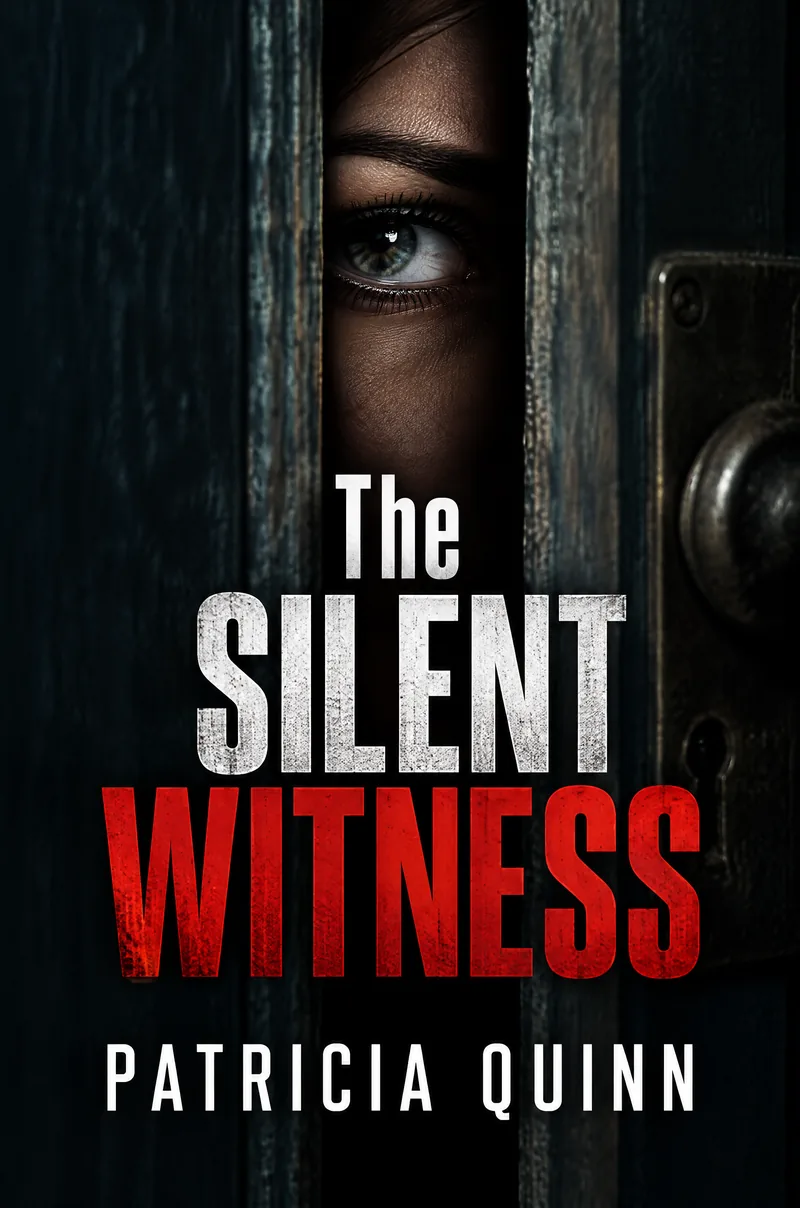 Thriller book cover for The Silent Witness by Patricia Quinn, an eye peering through a crack in a door
