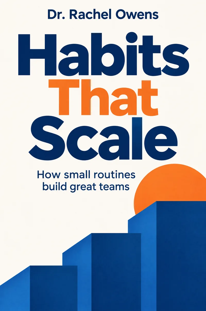 Business nonfiction book cover for Habits That Scale by Dr. Rachel Owens, with bold blue and orange typography and geometric shapes