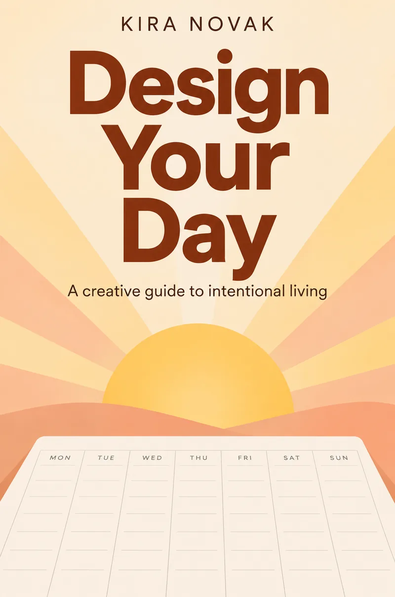 Nonfiction book cover for Design Your Day by Kira Novak, a sunrise over a daily planner grid in warm peach tones