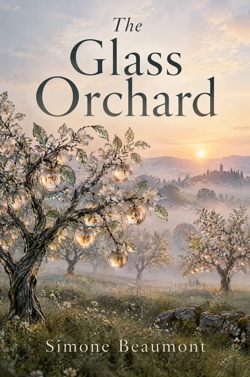 Literary fiction book cover for The Glass Orchard by Simone Beaumont, glowing glass apples on trees in a misty meadow at dawn