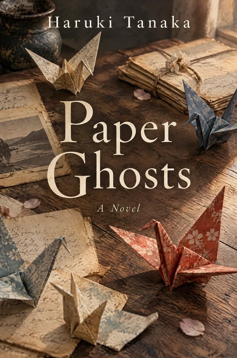 Literary fiction book cover for Paper Ghosts by Haruki Tanaka, origami cranes on an old wooden desk