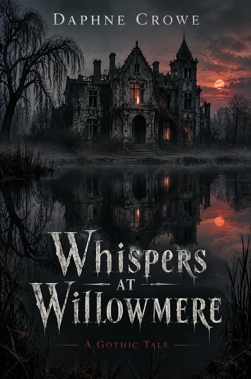 Horror book cover for Whispers at Willowmere by Daphne Crowe, a dark mansion reflected in black water