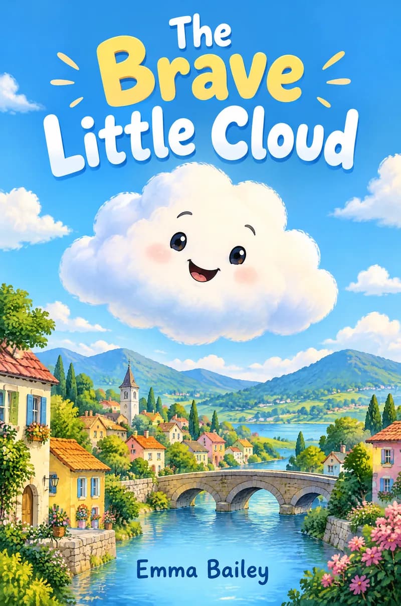 Children's book cover for The Brave Little Cloud by Emma Bailey, a smiling cloud above a colorful riverside village