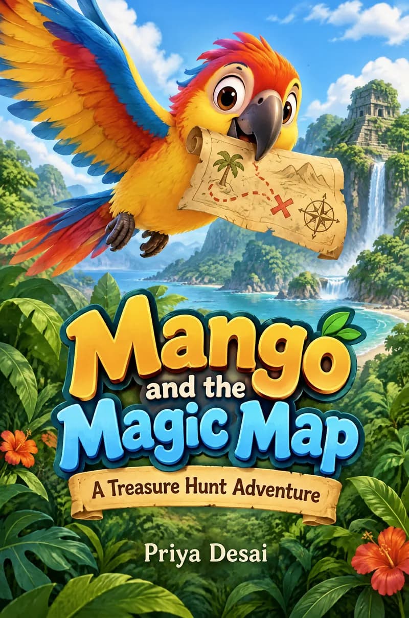 Children's book cover for Mango and the Magic Map by Priya Desai, a parrot holding a treasure map over a jungle