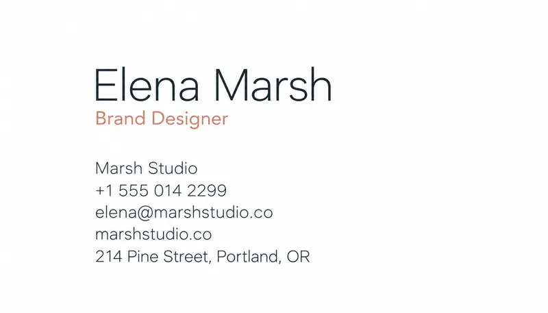 Minimal business card for Elena Marsh, Brand Designer, on white stock with thin sans-serif type and a coral accent
