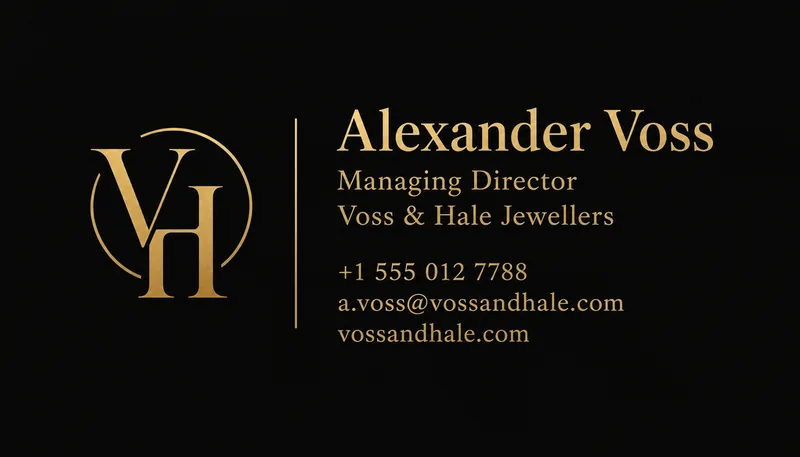 Luxury black business card for Alexander Voss, Managing Director, with gold lettering and a VH monogram