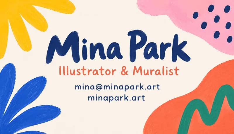 Creative business card for Mina Park, Illustrator & Muralist, with colorful hand-painted shapes
