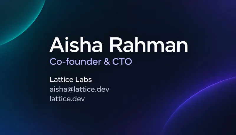Tech business card for Aisha Rahman, Co-founder & CTO, on a dark gradient with teal and violet glows