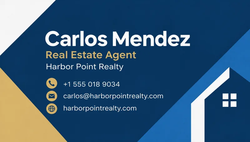 Modern business card for Carlos Mendez, Real Estate Agent, with navy and gold blocks and a house icon