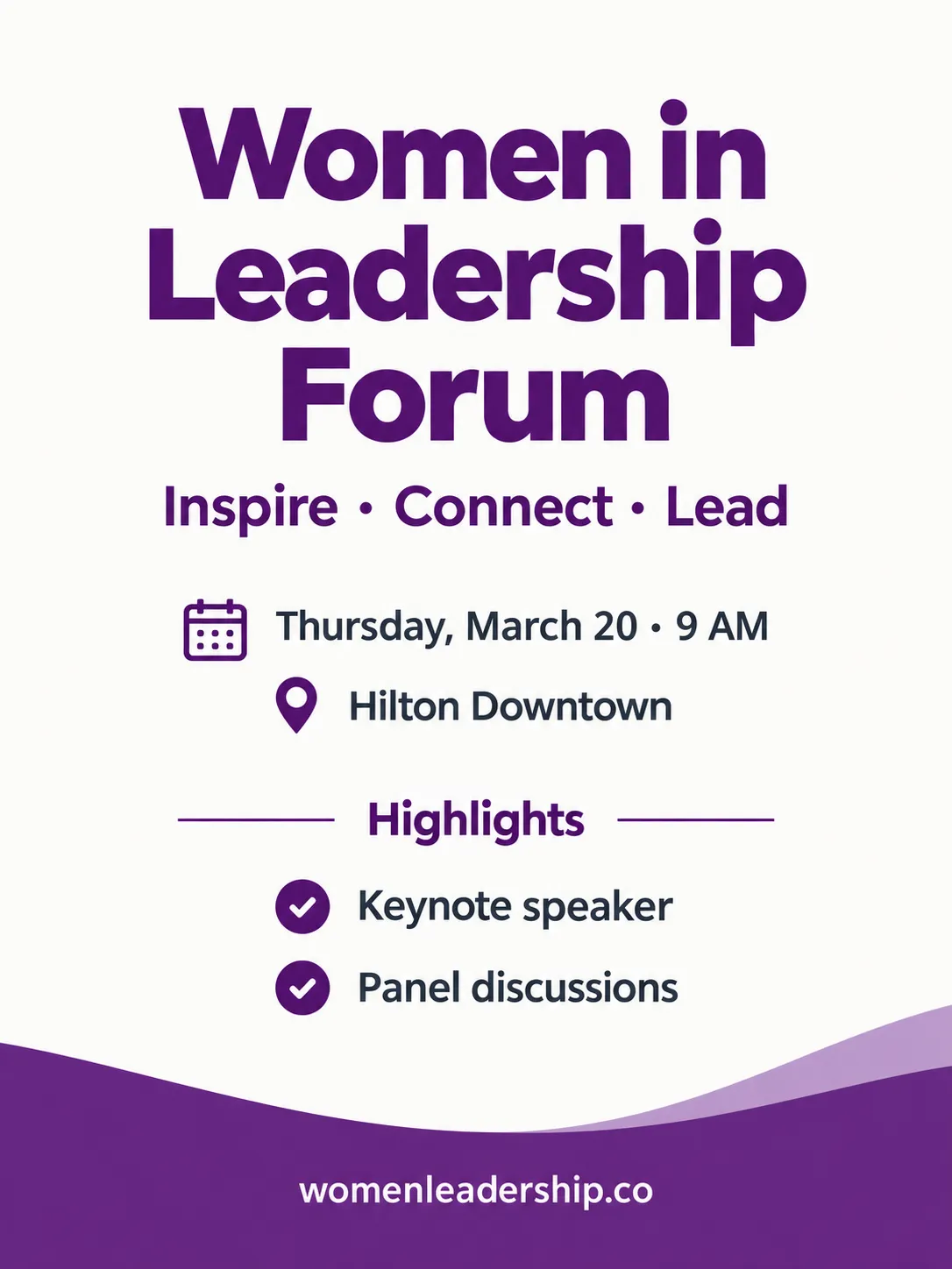 Women in Leadership Forum flyer in purple and white with a list of highlights