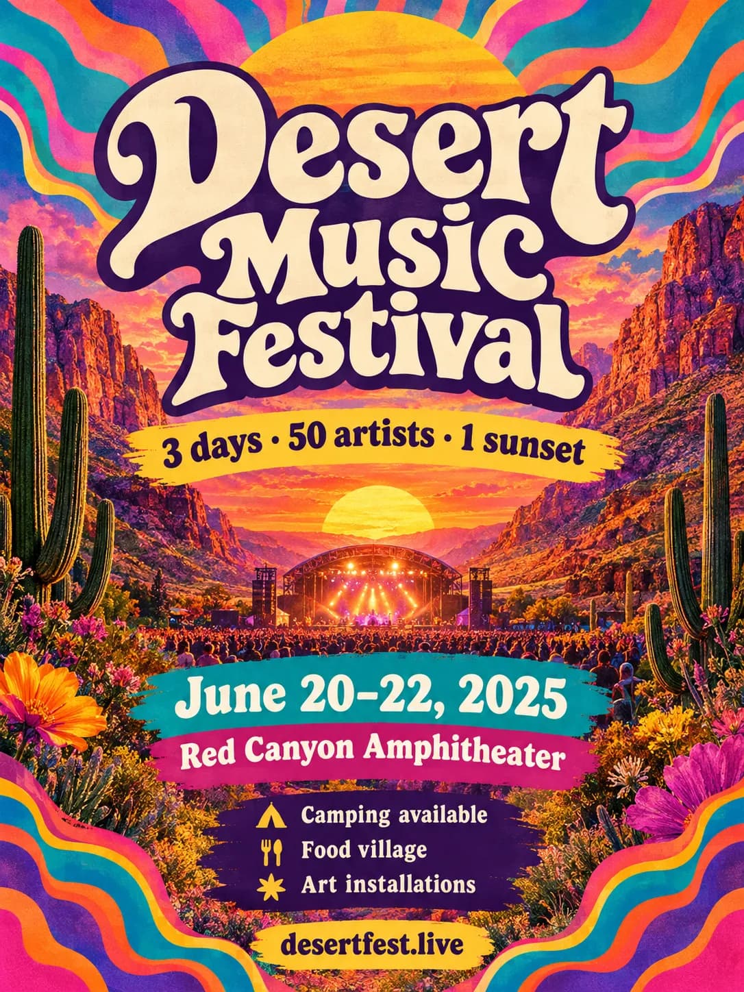 Desert Music Festival poster with a colorful sunset over red canyon mountains