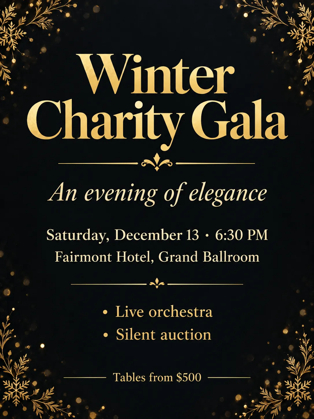 Winter Charity Gala invitation flyer in black and gold with ornate art deco lettering