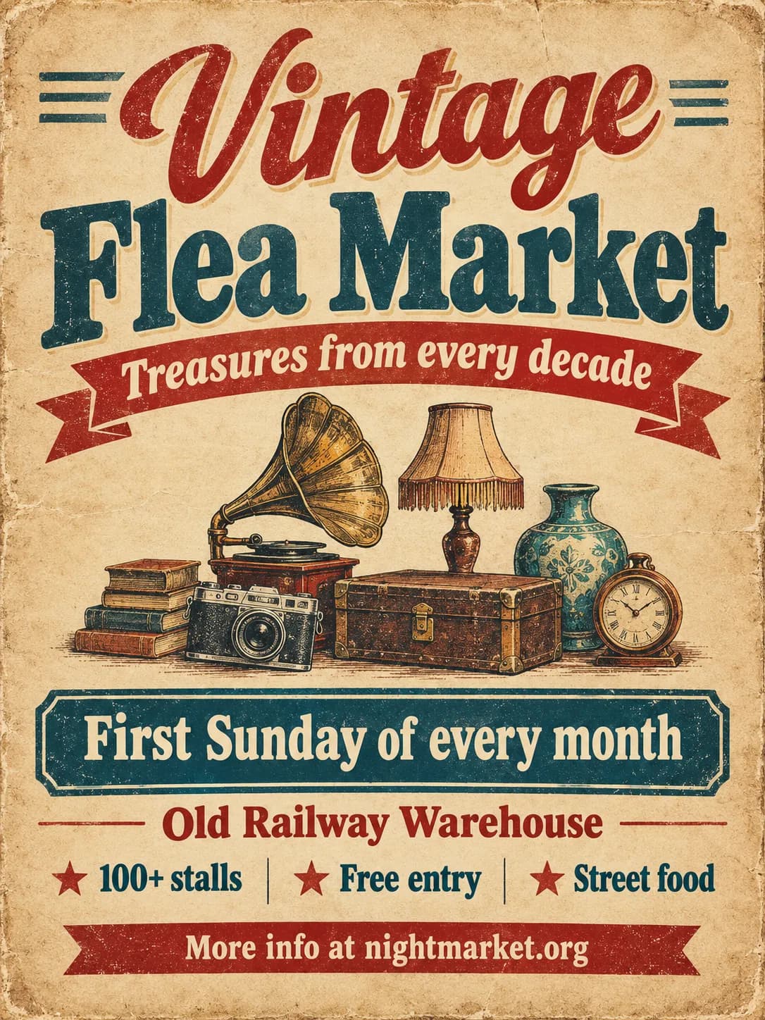 Vintage Flea Market flyer in retro cream and brown with an old gramophone illustration