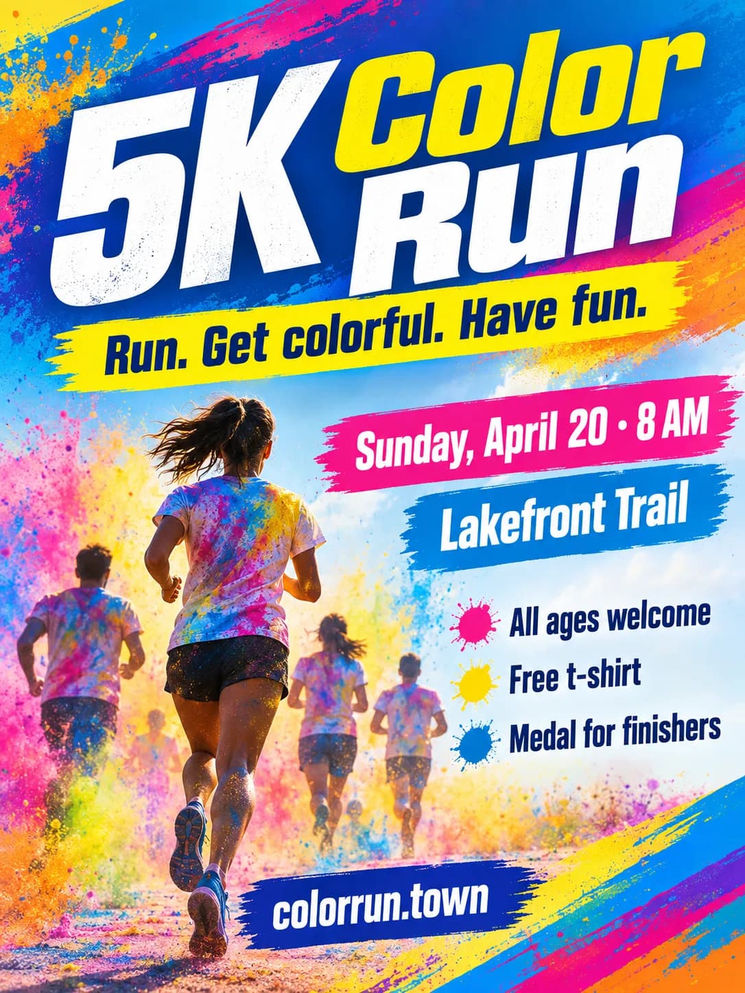 5K Color Run flyer with runners covered in colorful powder