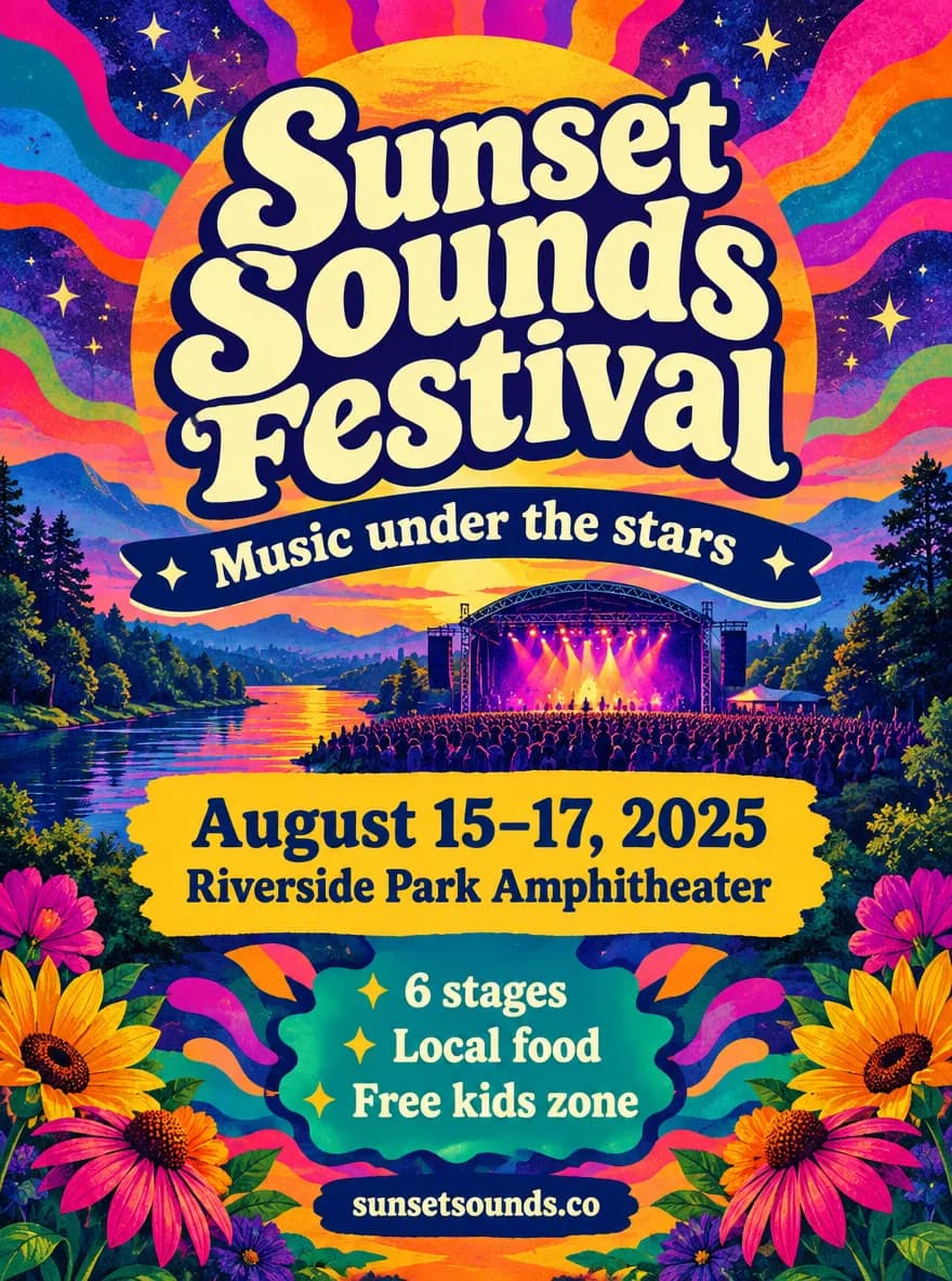 Sunset Sounds Festival poster with a psychedelic orange and purple sun