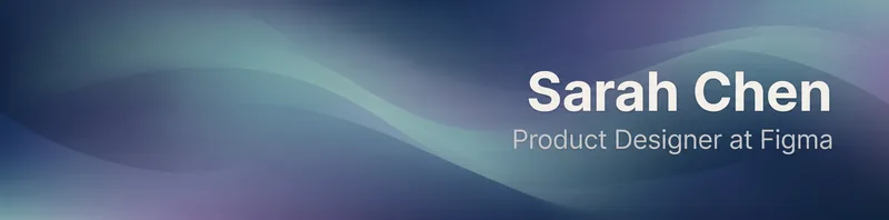 LinkedIn banner for Sarah Chen, Product Designer, on a deep blue gradient with soft flowing waves