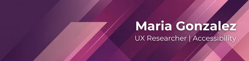 LinkedIn banner for Maria Gonzalez, UX Researcher, with overlapping purple and pink geometric shapes