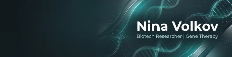 LinkedIn banner for Nina Volkov, Biotech Researcher, with a glowing teal DNA helix on a dark background