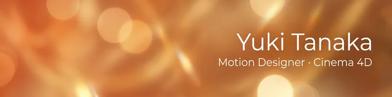 LinkedIn banner for Yuki Tanaka, Motion Designer, with warm orange and gold bokeh lights