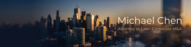 LinkedIn banner for Michael Chen, Attorney at Law, over a city skyline at dusk in navy and gold