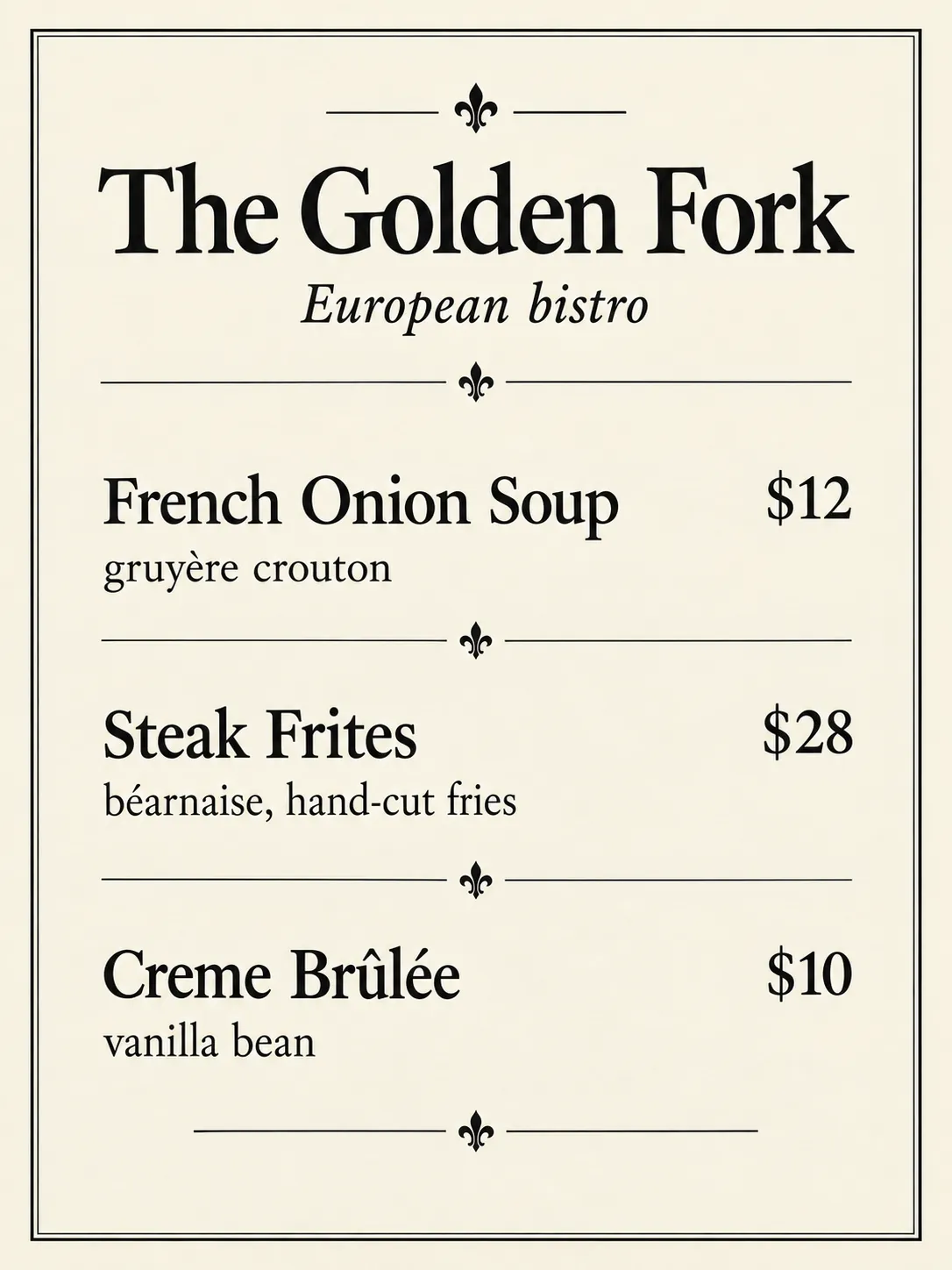 The Golden Fork European bistro menu in a classic cream layout with soups, mains and desserts