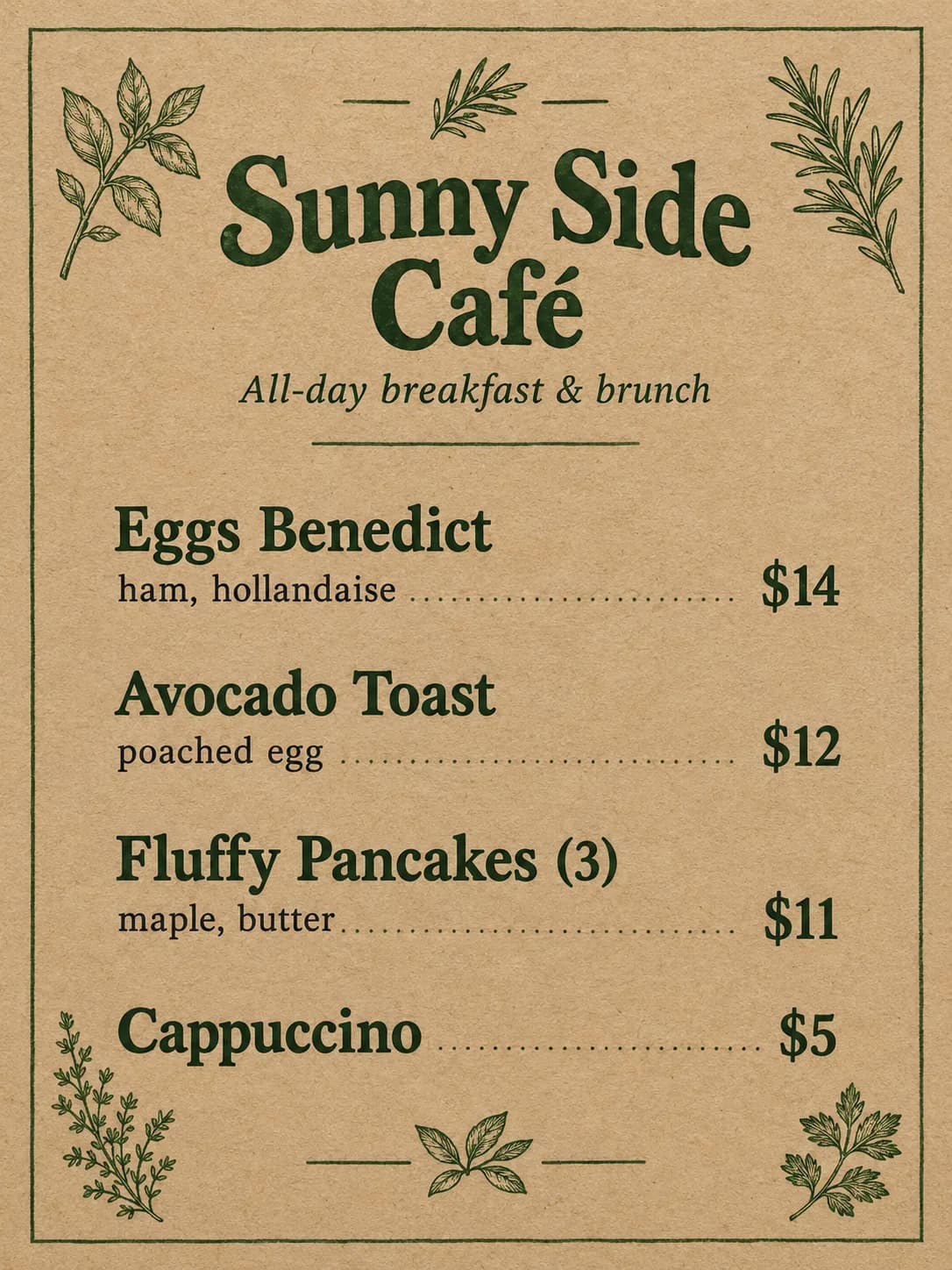 Sunny Side Café brunch menu on kraft paper with eggs, toast, pancakes and coffee