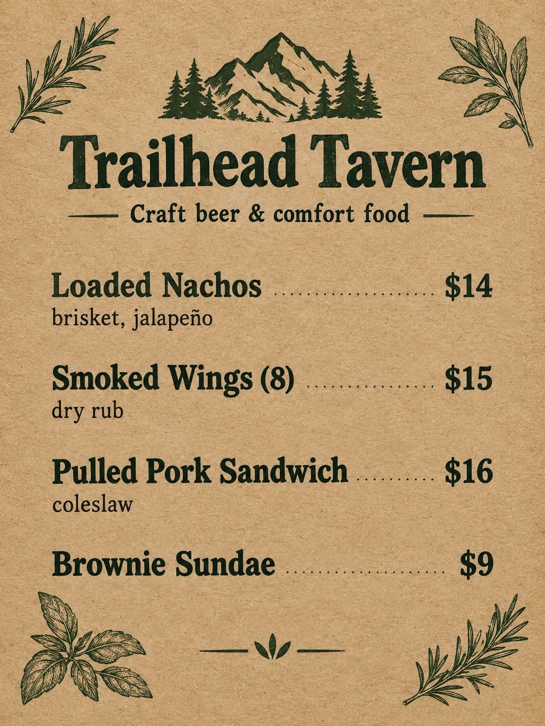 Trailhead Tavern menu on kraft paper with mountain icons and pub dishes like loaded nachos
