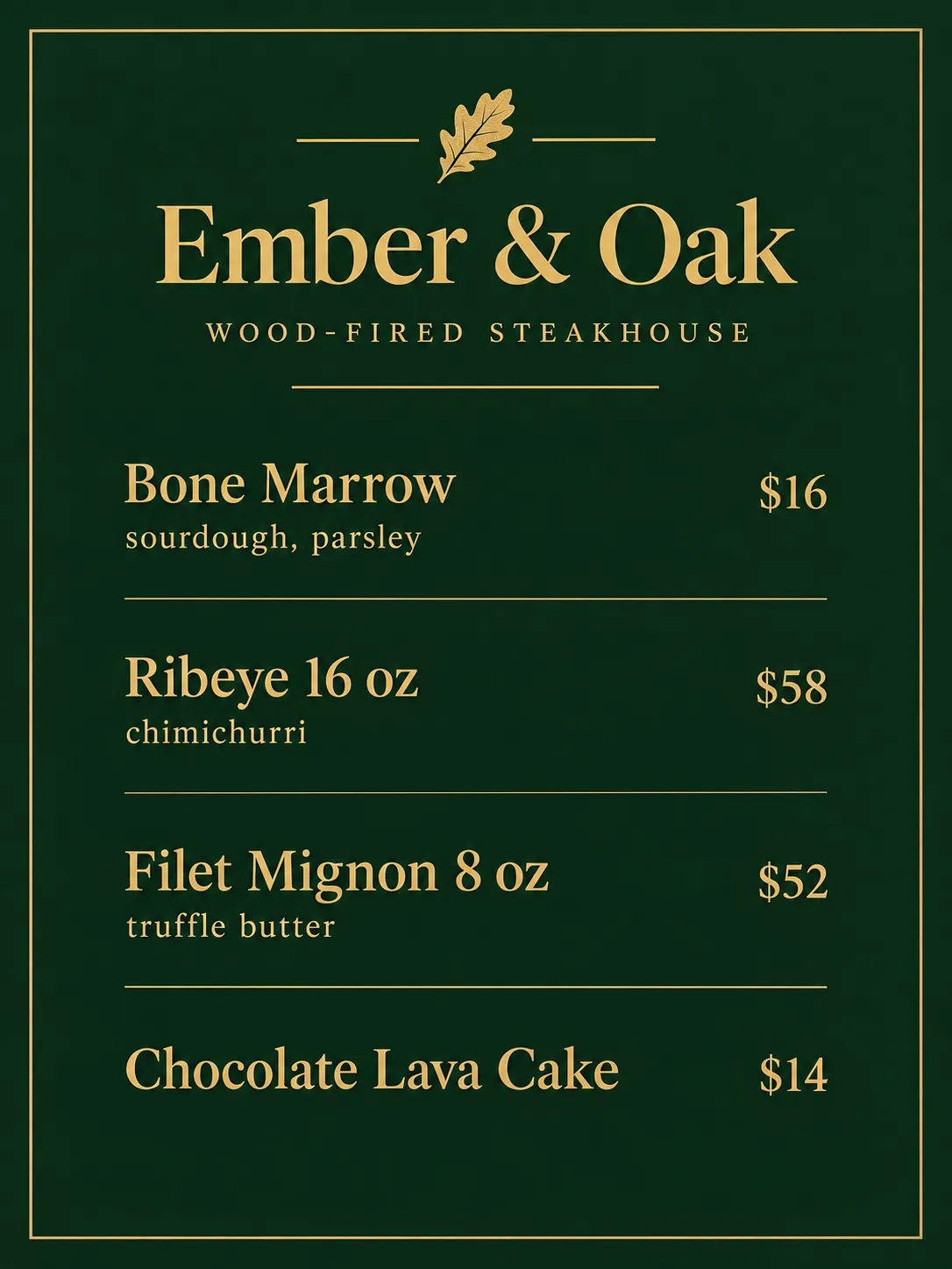 Ember & Oak steakhouse menu in gold type on dark green with steaks and sides