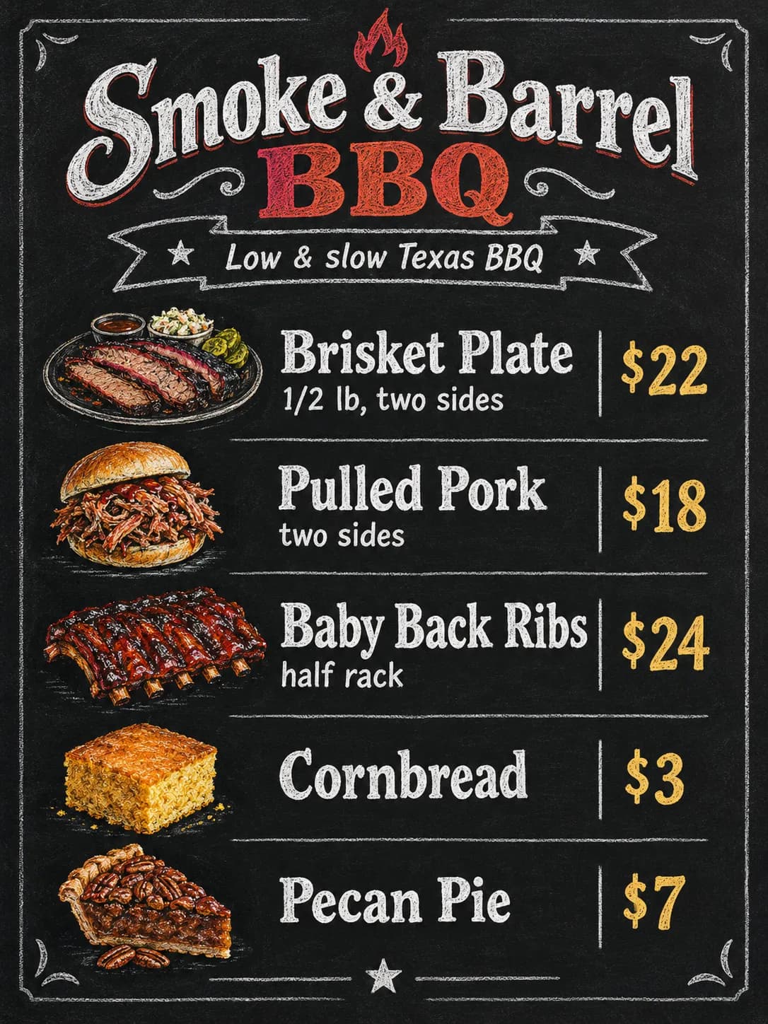 Smoke & Barrel BBQ chalkboard menu with brisket, ribs and sides, with food photos