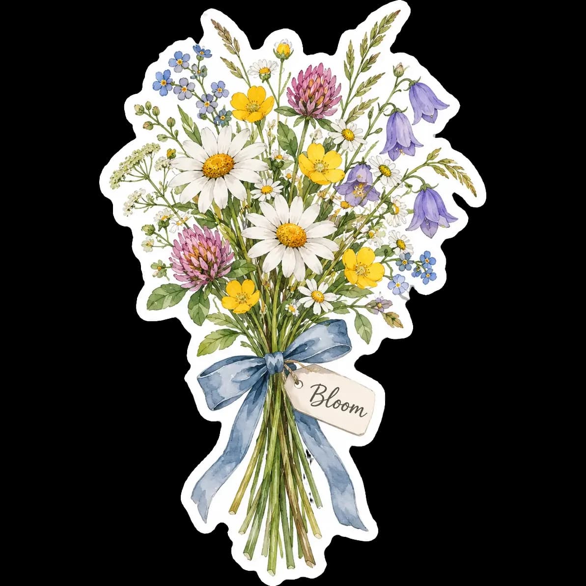 Watercolor sticker of a wildflower bouquet tied with a ribbon