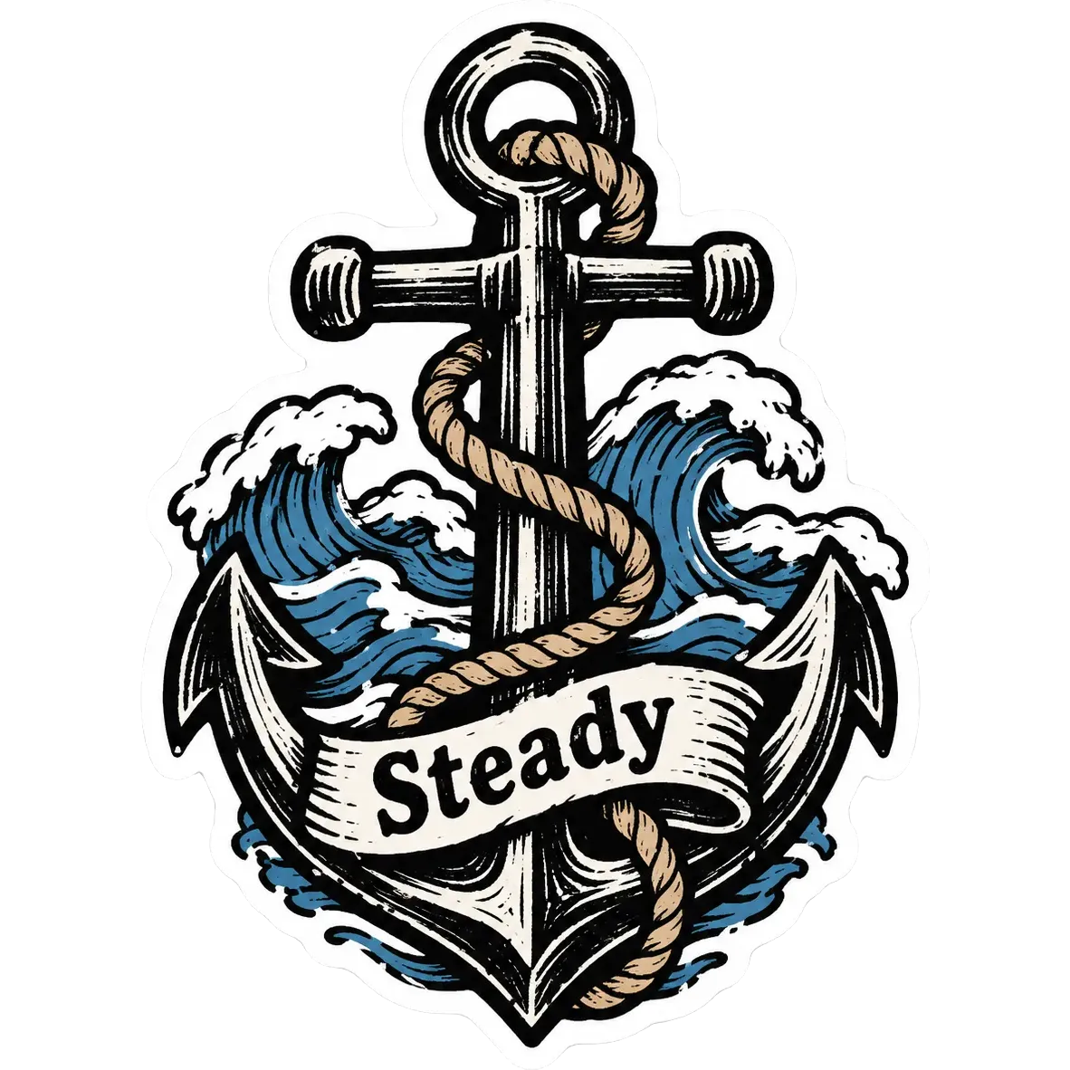 Woodcut-style sticker of an anchor wrapped in rope above ocean waves, with the word “Steady”