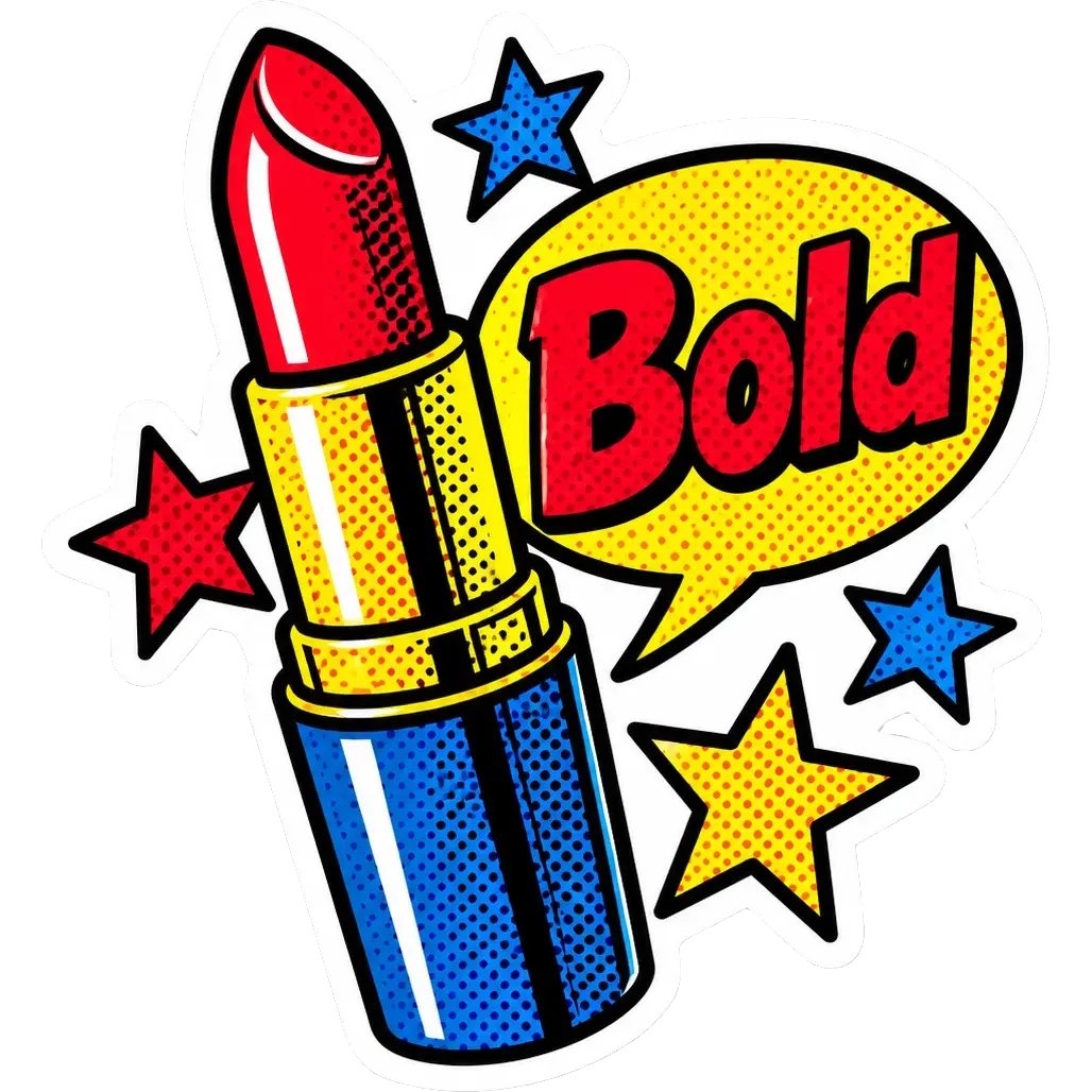 Pop art sticker of a red lipstick with stars and a speech bubble reading “Bold”
