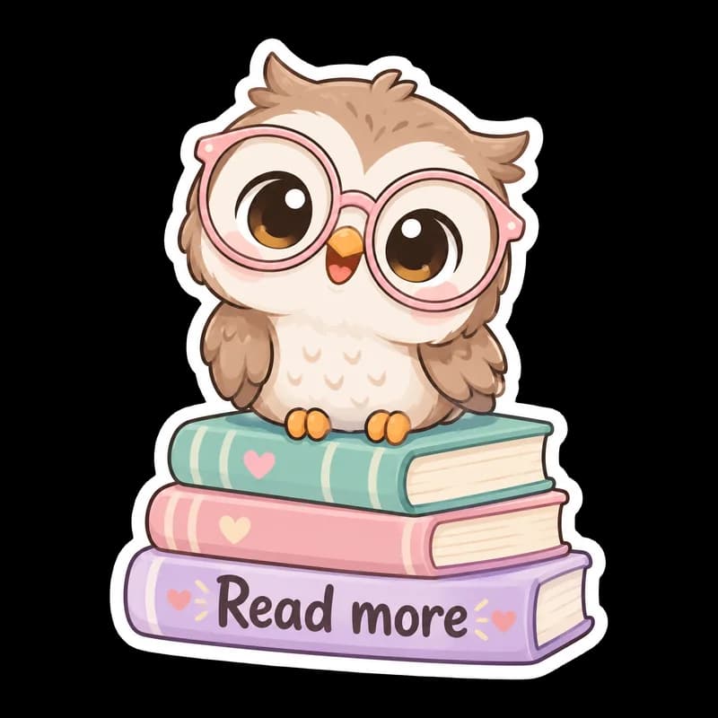 Kawaii sticker of a baby owl in oversized pink glasses on a stack of pastel books, with the words “Read more”