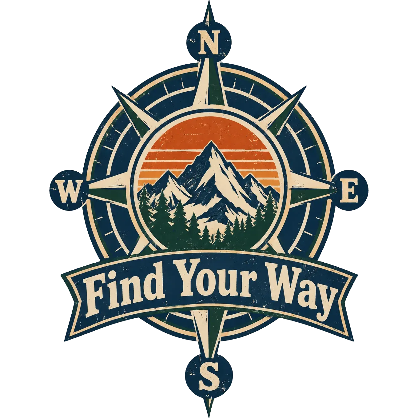 Vintage badge T-shirt design of a compass rose with mountain peaks and the words “Find Your Way”